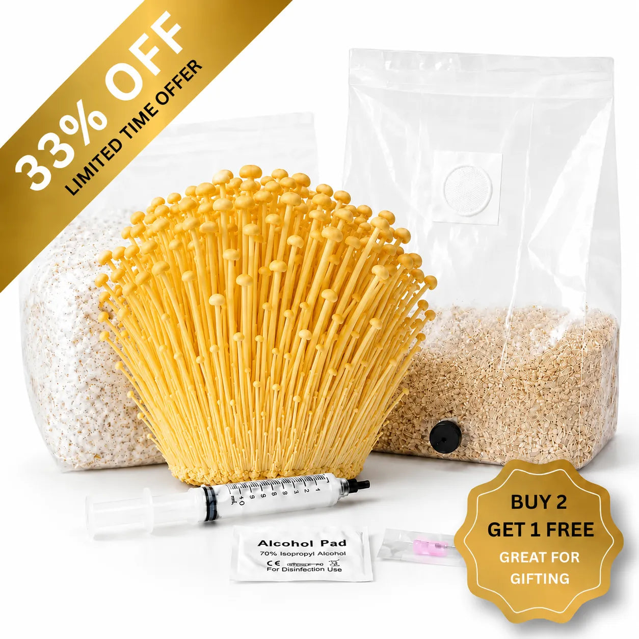 Everything you need to grow your own Golden Enoki mushrooms in as little as 4 weeks.