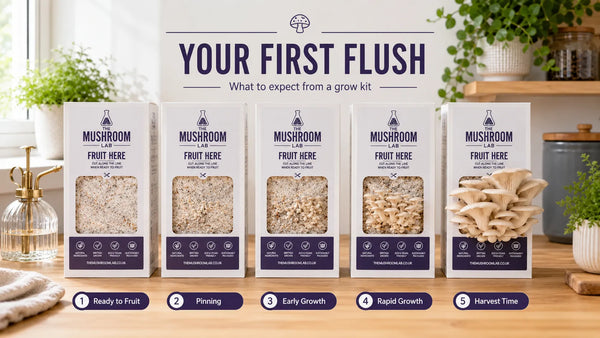 Five Mushroom Lab grow boxes showing the stages of an oyster mushroom first flush, from a fully colonised block and pinning through to rapid growth and harvest.