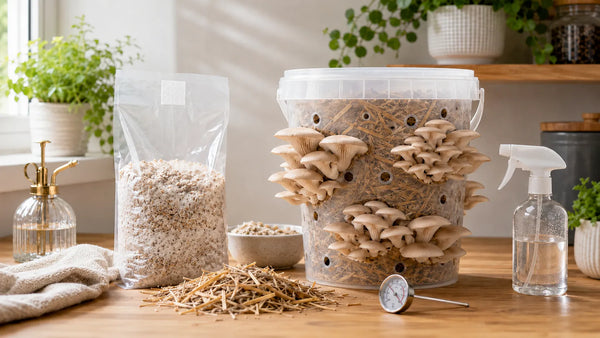 Oyster mushrooms growing from a straw-filled bucket beside a bag of colonised grain spawn, loose straw, a thermometer and a spray bottle in a bright home kitchen.
