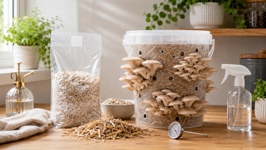 Oyster mushrooms growing from a straw-filled bucket beside a bag of colonised grain spawn, loose straw, a thermometer and a spray bottle in a bright home kitchen.