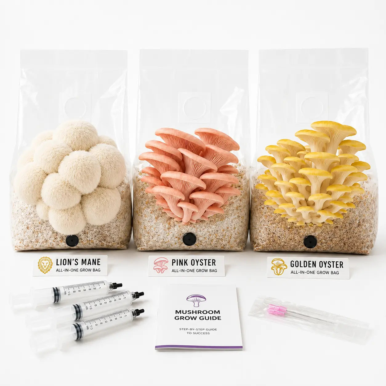 Indoor Mushroom Garden Starter Pack with 3 mushroom grow kits, syringes and grow guide
