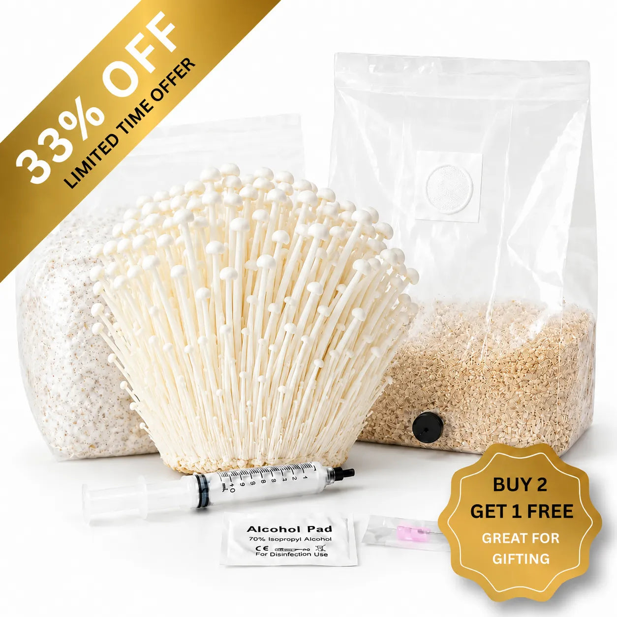 Everything you need to grow your own Enoki mushrooms in as little as 4 weeks.